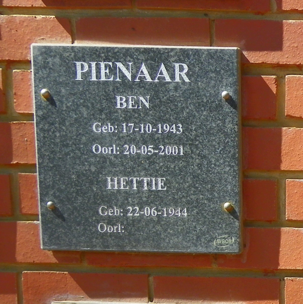 PIENAAR Ben 1943-2001 &amp; Hettie 1944-