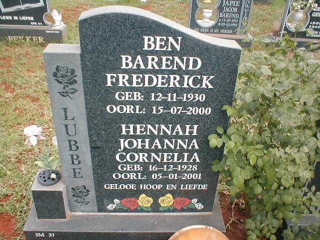 LUBBE Ben Barend Frederick 1930-2000 &amp; Hennah Johanna Cornelia 1928-2001