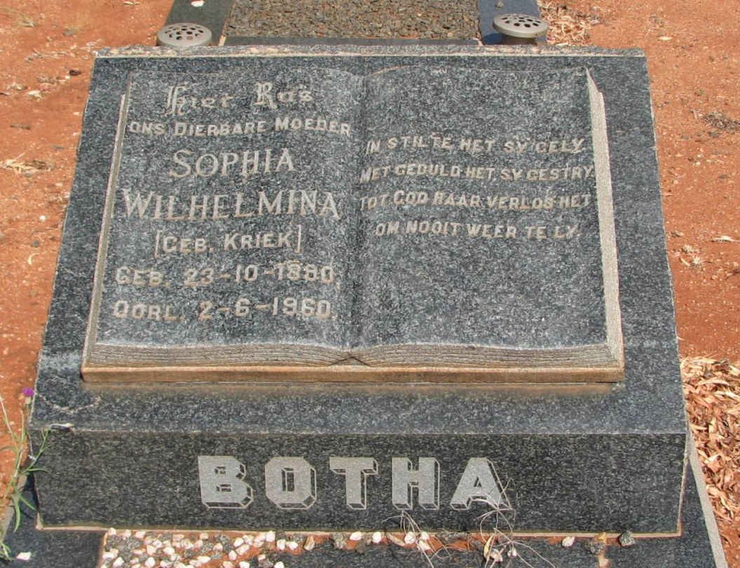 BOTHA  Sophia Wilhelmina nee KRIEK 1890-1960