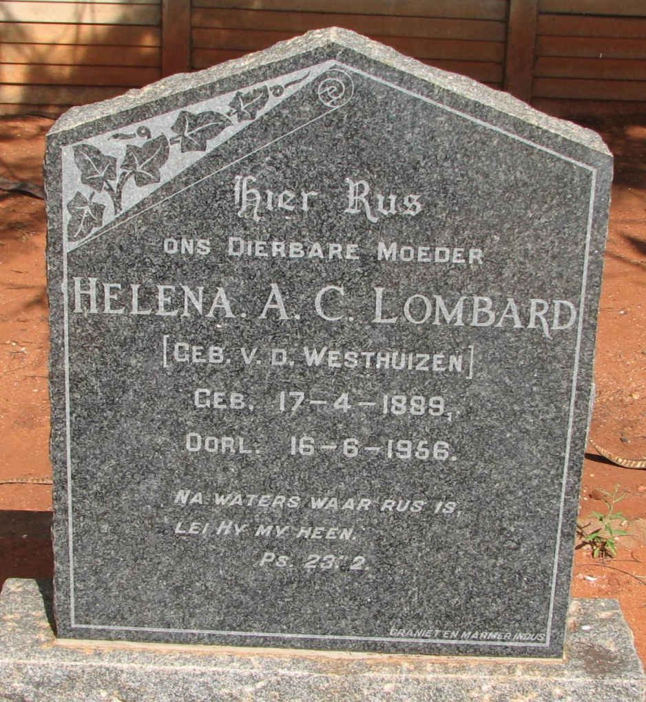 LOMBARD Helena A.C. nee V.D. WESTHUIZEN 1889-1956
