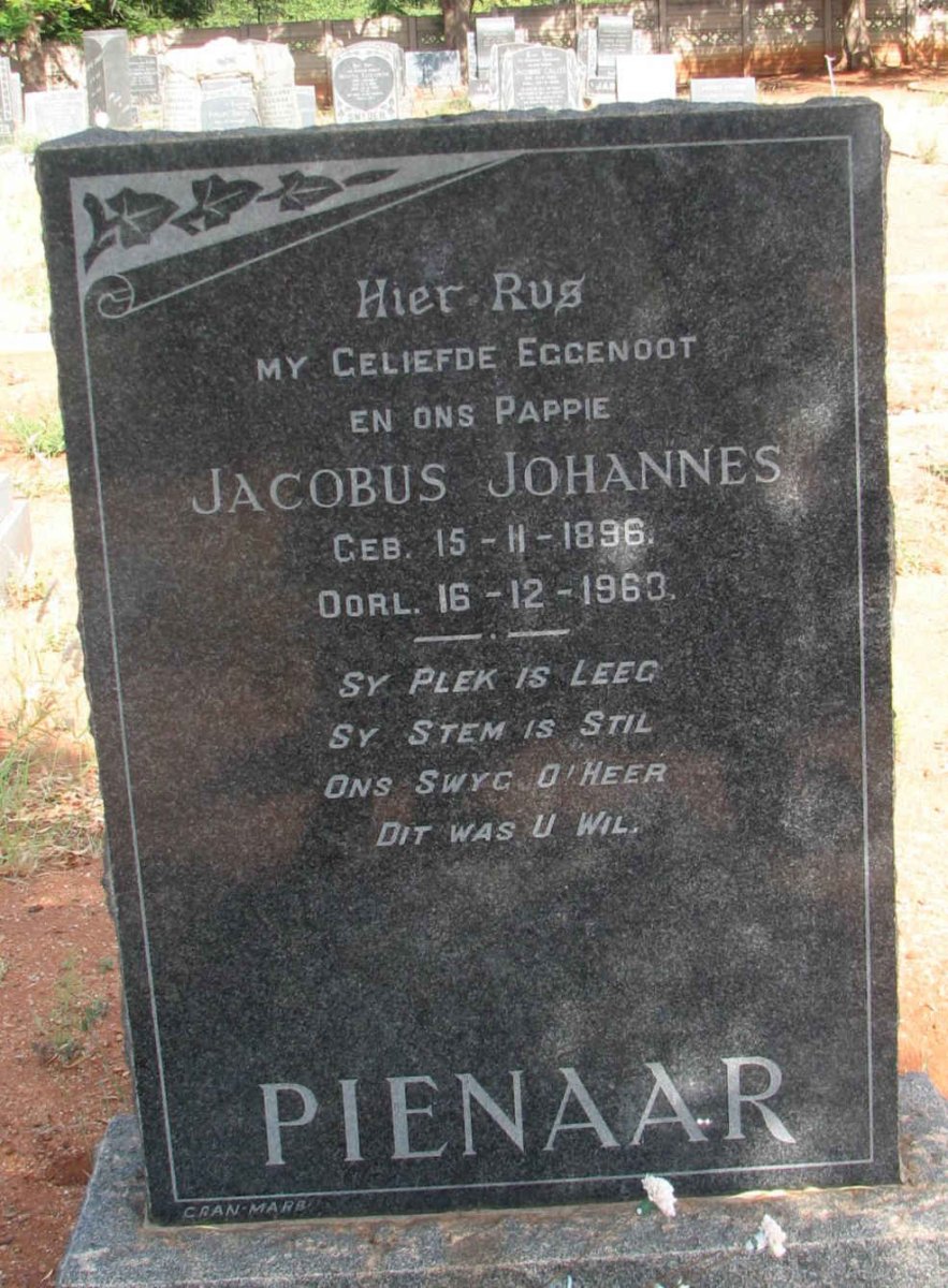 PIENAAR Jacobus Johannes 1896-1963
