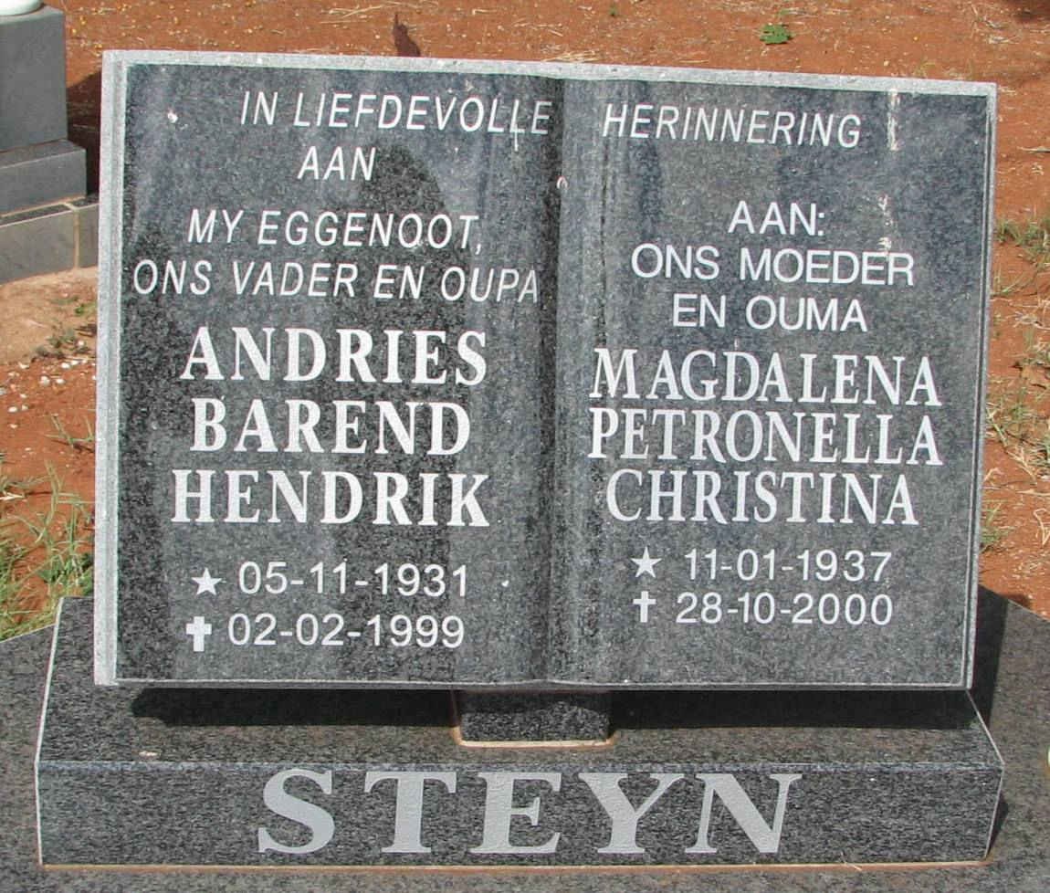 STEYN Andries Barend Hendrik 1931-1999 &amp; Magdalena Petronella Christina 1937-2000
